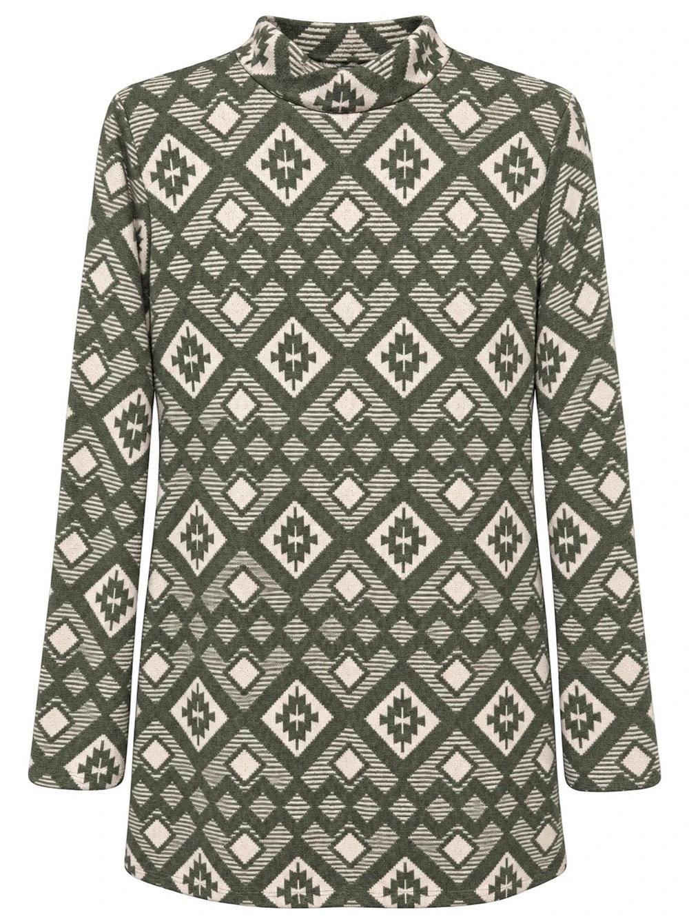 Geometric Southwestern Mock Neck Tunic Sweater Olive Cream Size L